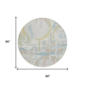 8 Ft Round Abstract Ivory Washable Polyester Rug for Indoor Outdoor Living Spaces