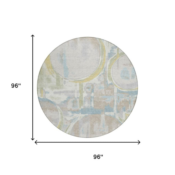 8 Ft Round Abstract Ivory Washable Polyester Rug for Indoor Outdoor Living Spaces
