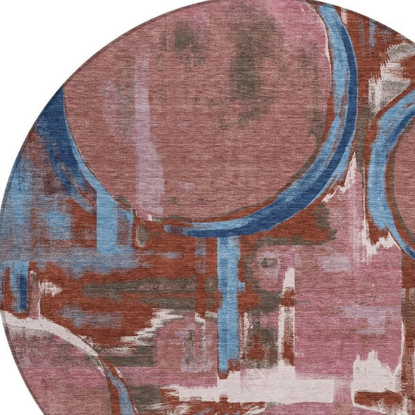 HomeRoots 8' Round Abstract Polyester Area Rug Machine Washable for Indoor Outdoor Spaces 733434