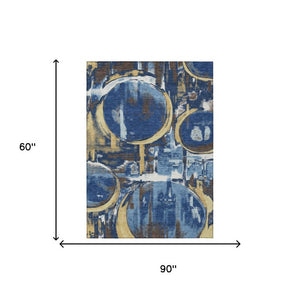 5 X 8 Navy Abstract Polyester Area Rug Washable for Indoor Outdoor Spaces