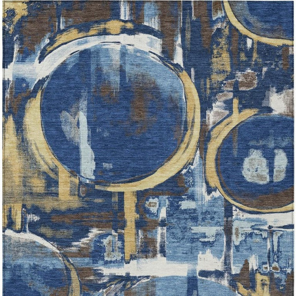 8 X 10 Navy Abstract Washable Polyester Area Rug for Patios and Living Rooms