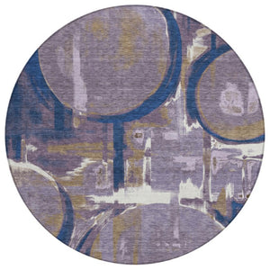 8 Ft Round Abstract Plum Purple Washable Polyester Rug for Indoor Outdoor Living
