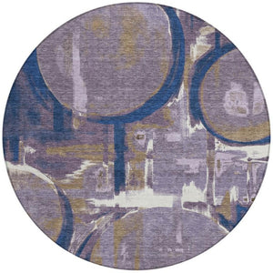 8 Ft Round Abstract Plum Purple Washable Polyester Rug for Indoor Outdoor Living