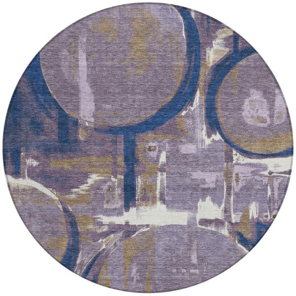 8 Ft Round Abstract Plum Purple Washable Polyester Rug for Indoor Outdoor Living