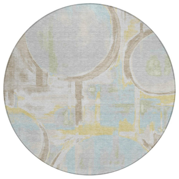 8 Foot Round Abstract Polyester Area Rug Washable Indoor Outdoor Patio Silver