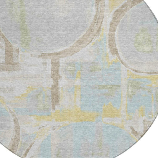 HomeRoots 8 Foot Round Abstract Polyester Area Rug Washable Indoor Outdoor Patio Silver 733458