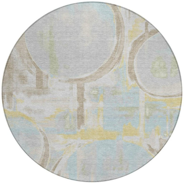 8 Foot Round Abstract Polyester Area Rug Washable Indoor Outdoor Patio Silver