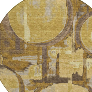 HomeRoots 8 Ft Round Washable Polyester Area Rug Abstract Gold Tones for Indoor Outdoor Use 733470