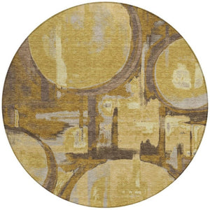 8 Ft Round Washable Polyester Area Rug Abstract Gold Tones for Indoor Outdoor Use