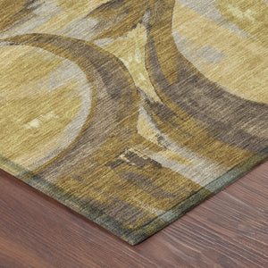 8 Ft Round Washable Polyester Area Rug Abstract Gold Tones for Indoor Outdoor Use