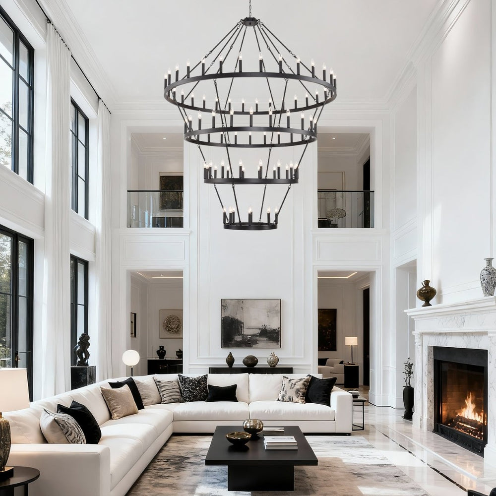 English Elm 69.3 Inch Four Tier Wagon Wheel Chandelier Matte Black Metal 80 Light Farmhouse Foyer W5008P392692