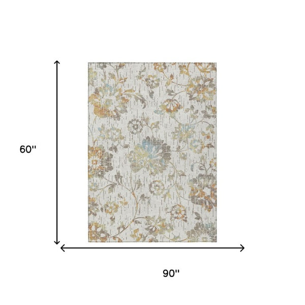 Floral Polyester Washable Indoor Outdoor Area Rug Low Pile for Patios and Living Rooms