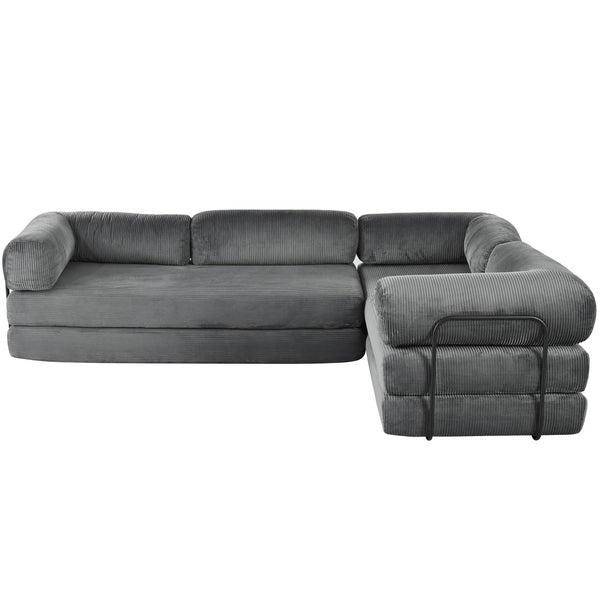 English Elm U_style Modular Corduroy Sectional Sofa Converts to Guest Bed for Apartment Living Grey WY000463AAE