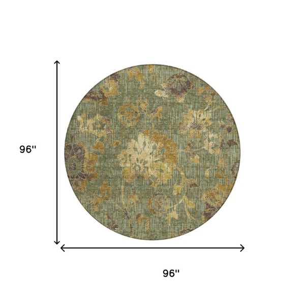 8' Round Floral Polyester Area Rug Washable Design for Indoor Outdoor Spaces