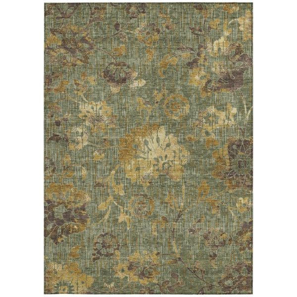 Floral Olive Washable Polyester Area Rug for Indoor Outdoor Patios Kitchens and Living Rooms
