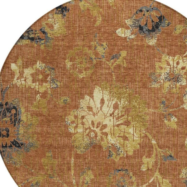 HomeRoots 8 Ft Round Floral Polyester Area Rug Washable for Indoor Outdoor Patio Use 733506