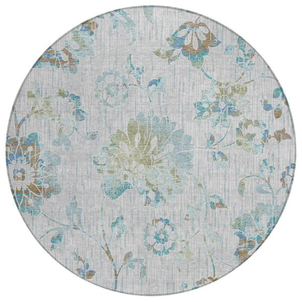 8 Ft Round Floral Polyester Area Rug Washable Indoor Outdoor Patio Silver Gray