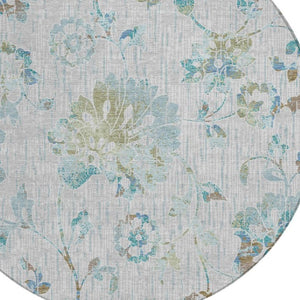 HomeRoots 8 Ft Round Floral Polyester Area Rug Washable Indoor Outdoor Patio Silver Gray 733512