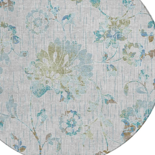 HomeRoots 8 Ft Round Floral Polyester Area Rug Washable Indoor Outdoor Patio Silver Gray 733512