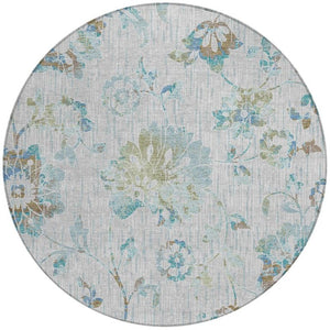 8 Ft Round Floral Polyester Area Rug Washable Indoor Outdoor Patio Silver Gray