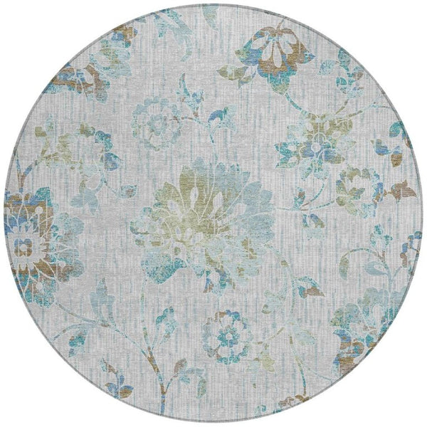 8 Ft Round Floral Polyester Area Rug Washable Indoor Outdoor Patio Silver Gray