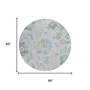 8 Ft Round Floral Polyester Area Rug Washable Indoor Outdoor Patio Silver Gray