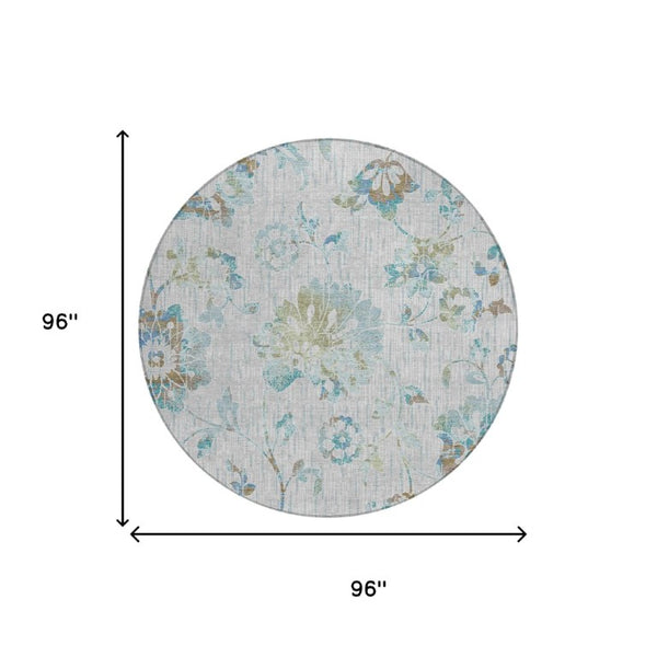 8 Ft Round Floral Polyester Area Rug Washable Indoor Outdoor Patio Silver Gray