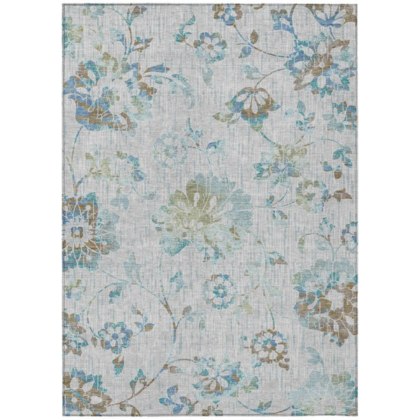 8x10 Floral Polyester Area Rug Washable Indoor Outdoor Low Pile Silver Gray