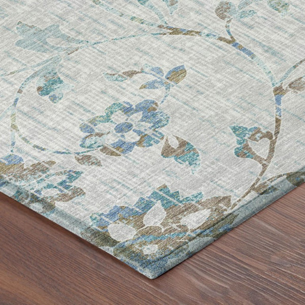 8x10 Floral Polyester Area Rug Washable Indoor Outdoor Low Pile Silver Gray