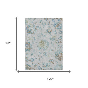 8x10 Floral Polyester Area Rug Washable Indoor Outdoor Low Pile Silver Gray