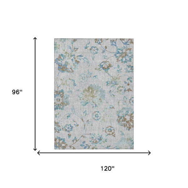 8x10 Floral Polyester Area Rug Washable Indoor Outdoor Low Pile Silver Gray