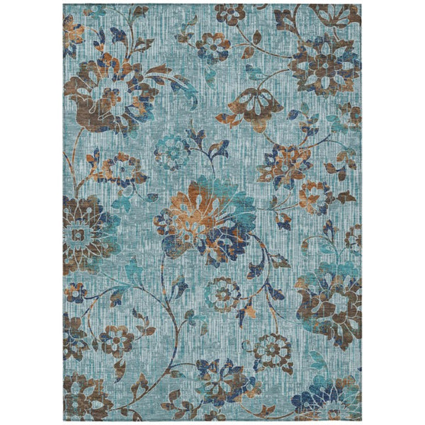 5x8 Teal Gray Floral Polyester Area Rug Washable for Indoor Outdoor Living