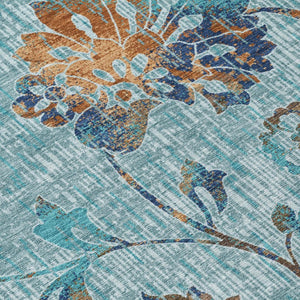 5x8 Teal Gray Floral Polyester Area Rug Washable for Indoor Outdoor Living