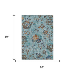 5x8 Teal Gray Floral Polyester Area Rug Washable for Indoor Outdoor Living
