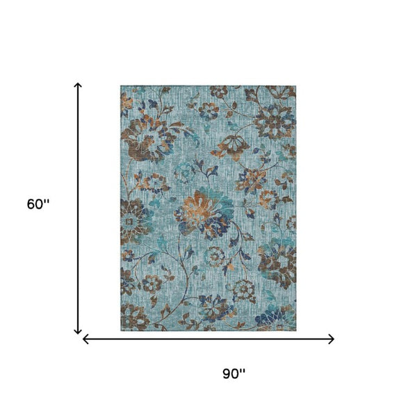 5x8 Teal Gray Floral Polyester Area Rug Washable for Indoor Outdoor Living