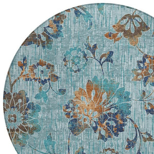 HomeRoots 8' Round Floral Polyester Area Rug Washable Indoor Outdoor Patio Teal Gray 733524