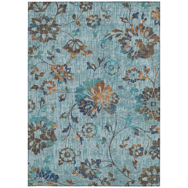 8x10 Teal Floral Polyester Area Rug Machine Washable for Patio or Living Room