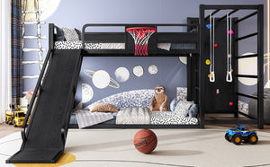 English Elm Twin Metal Loft Bed with Slide Basketball Hoop Climbing Wall and Built-in Shelves Black W1580S00342