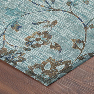 10 X 14 Floral Polyester Area Rug Machine Washable Teal Gray Indoor Outdoor