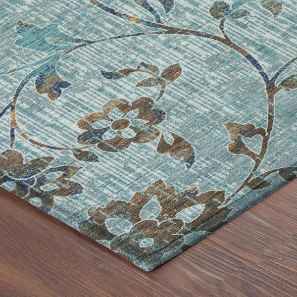 10 X 14 Floral Polyester Area Rug Machine Washable Teal Gray Indoor Outdoor