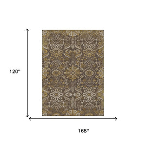 10 X 14 Damask Polyester Area Rug Washable Indoor Outdoor Patio Entryway Brown