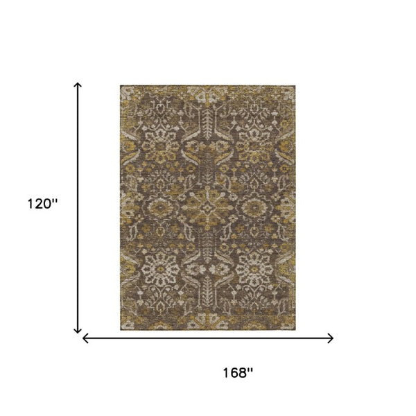 10 X 14 Damask Polyester Area Rug Washable Indoor Outdoor Patio Entryway Brown