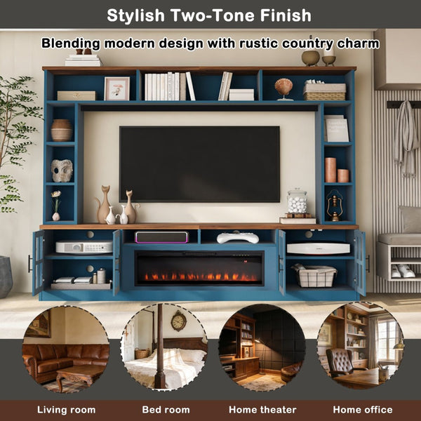 English Elm U-can Modern Farmhouse Wall Unit with Electric Fireplace Bookshelves and Glass Cabinet Doors Navy Blue SJ000153AAN