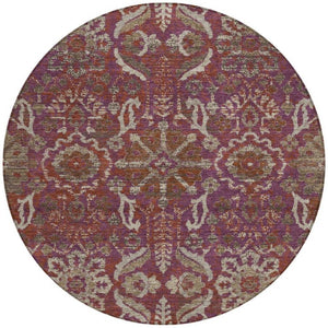 8 Foot Round Damask Polyester Rug Washable Indoor Outdoor Use Eggplant Tones