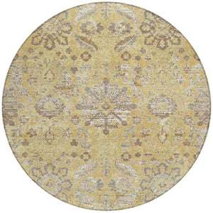 HomeRoots 8 Foot Round Damask Area Rug Washable Polyester Indoor Outdoor Patio Gold Wheat 733554