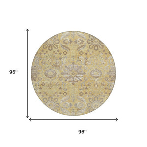 8 Foot Round Damask Area Rug Washable Polyester Indoor Outdoor Patio Gold Wheat