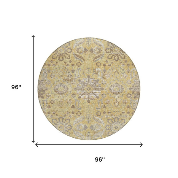 8 Foot Round Damask Area Rug Washable Polyester Indoor Outdoor Patio Gold Wheat