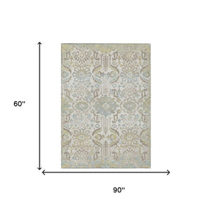 5 X 8 Ivory Beige Damask Polyester Indoor Outdoor Washable Area Rug for Patios
