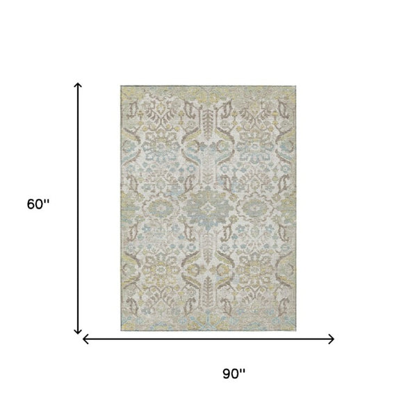 5 X 8 Ivory Beige Damask Polyester Indoor Outdoor Washable Area Rug for Patios