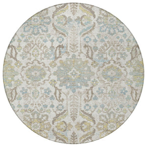 HomeRoots 8 Foot Round Damask Ivory Beige Washable Polyester Rug for Indoor Outdoor Use 733560